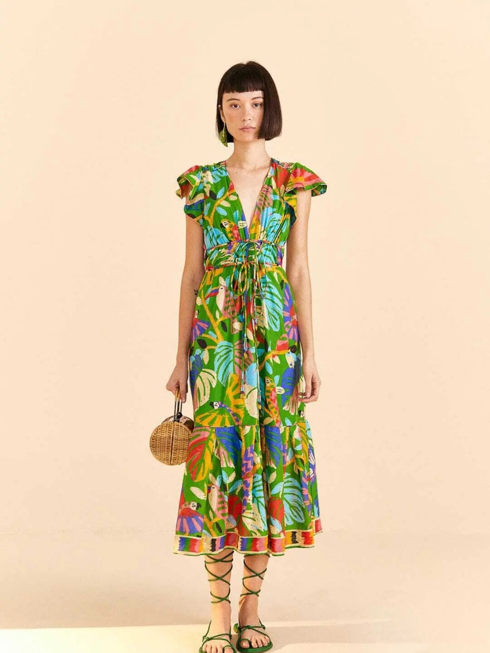 Farm Rio Forest Birds Green Tropical Midi Dress / gently used